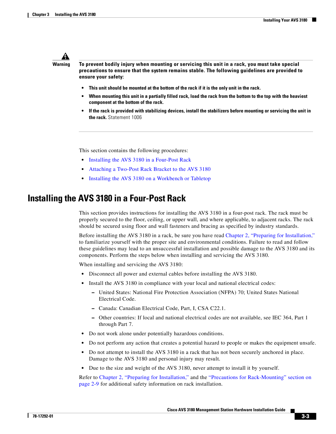 Cisco Systems installation instructions Installing the AVS 3180 in a Four-Post Rack 