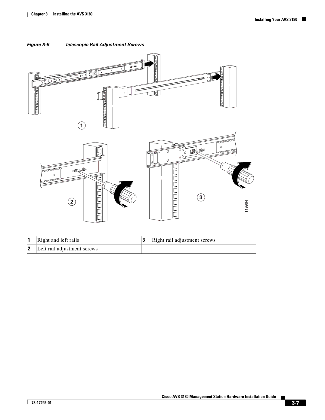 Cisco Systems 3180 installation instructions Telescopic Rail Adjustment Screws 