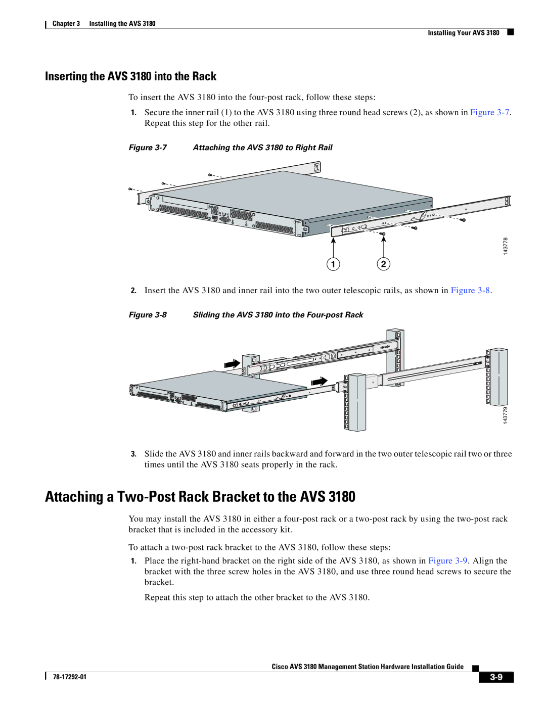 Cisco Systems Attaching a Two-Post Rack Bracket to the AVS, Inserting the AVS 3180 into the Rack 