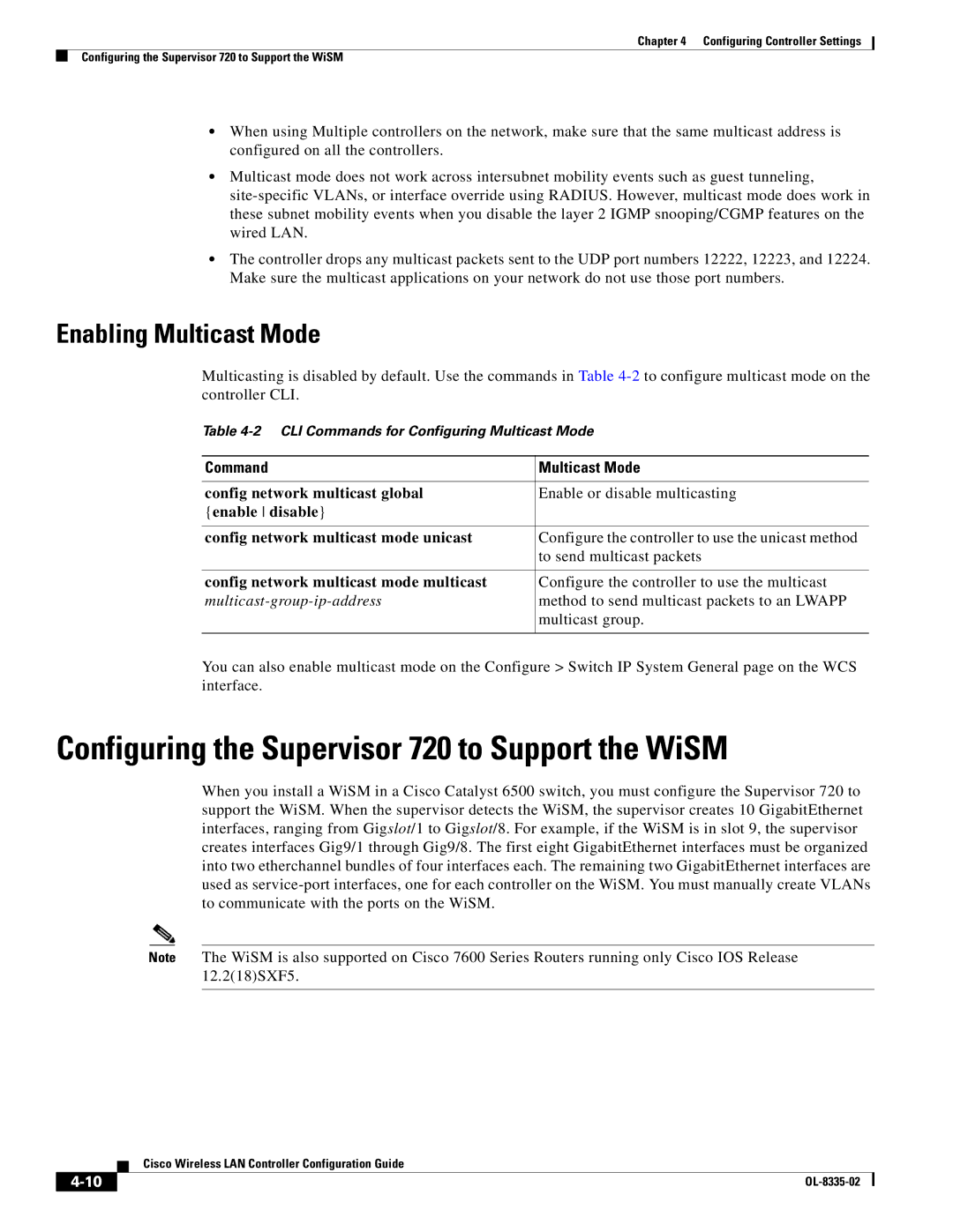 Cisco Systems 3.2 Configuring the Supervisor 720 to Support the WiSM, Enabling Multicast Mode, Command Multicast Mode 