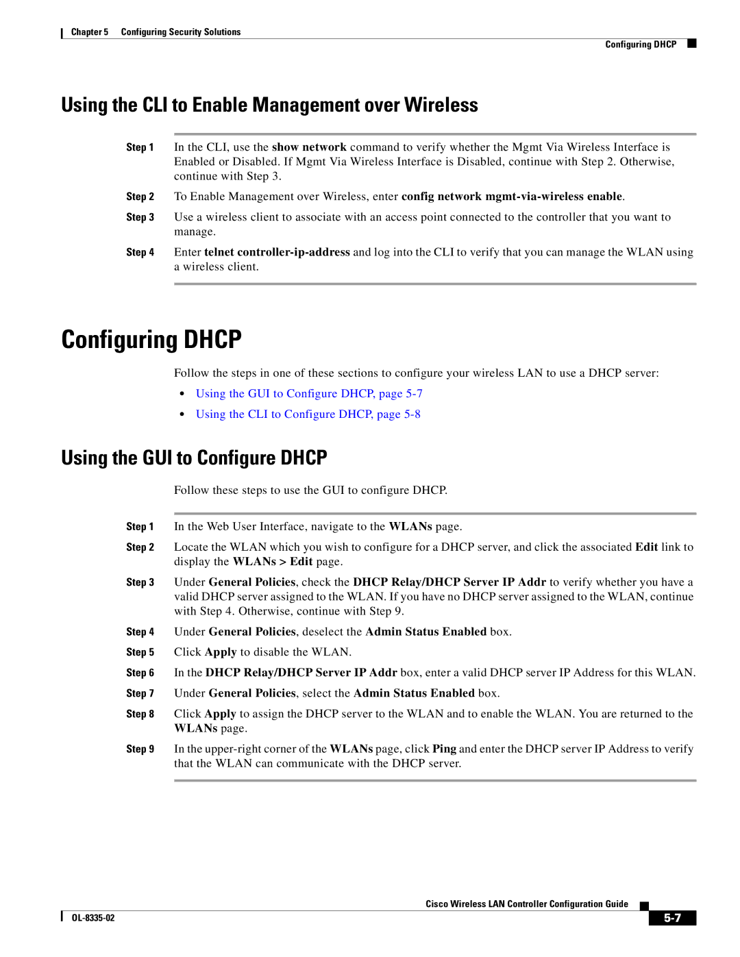 Cisco Systems 3.2 Configuring Dhcp, Using the CLI to Enable Management over Wireless, Using the GUI to Configure Dhcp 