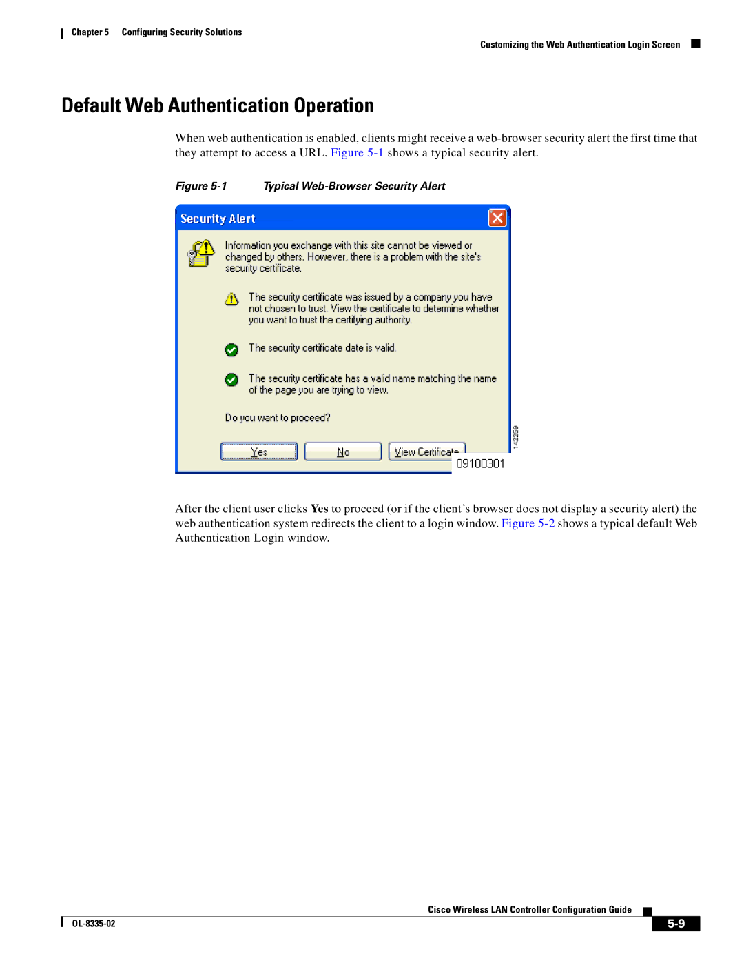 Cisco Systems 3.2 manual Default Web Authentication Operation, Typical Web-Browser Security Alert 