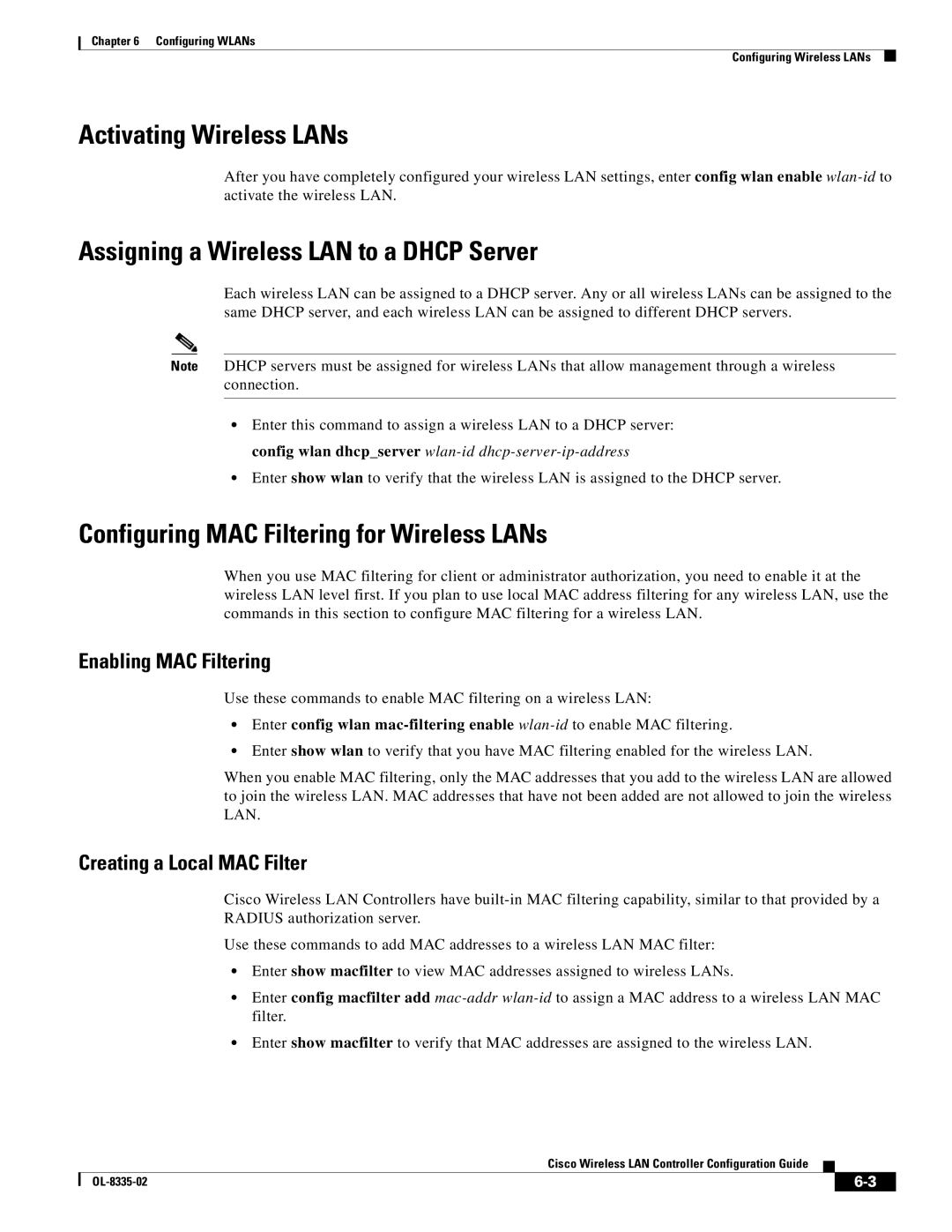 Cisco Systems 3.2 manual Activating Wireless LANs, Assigning a Wireless LAN to a Dhcp Server, Enabling MAC Filtering 