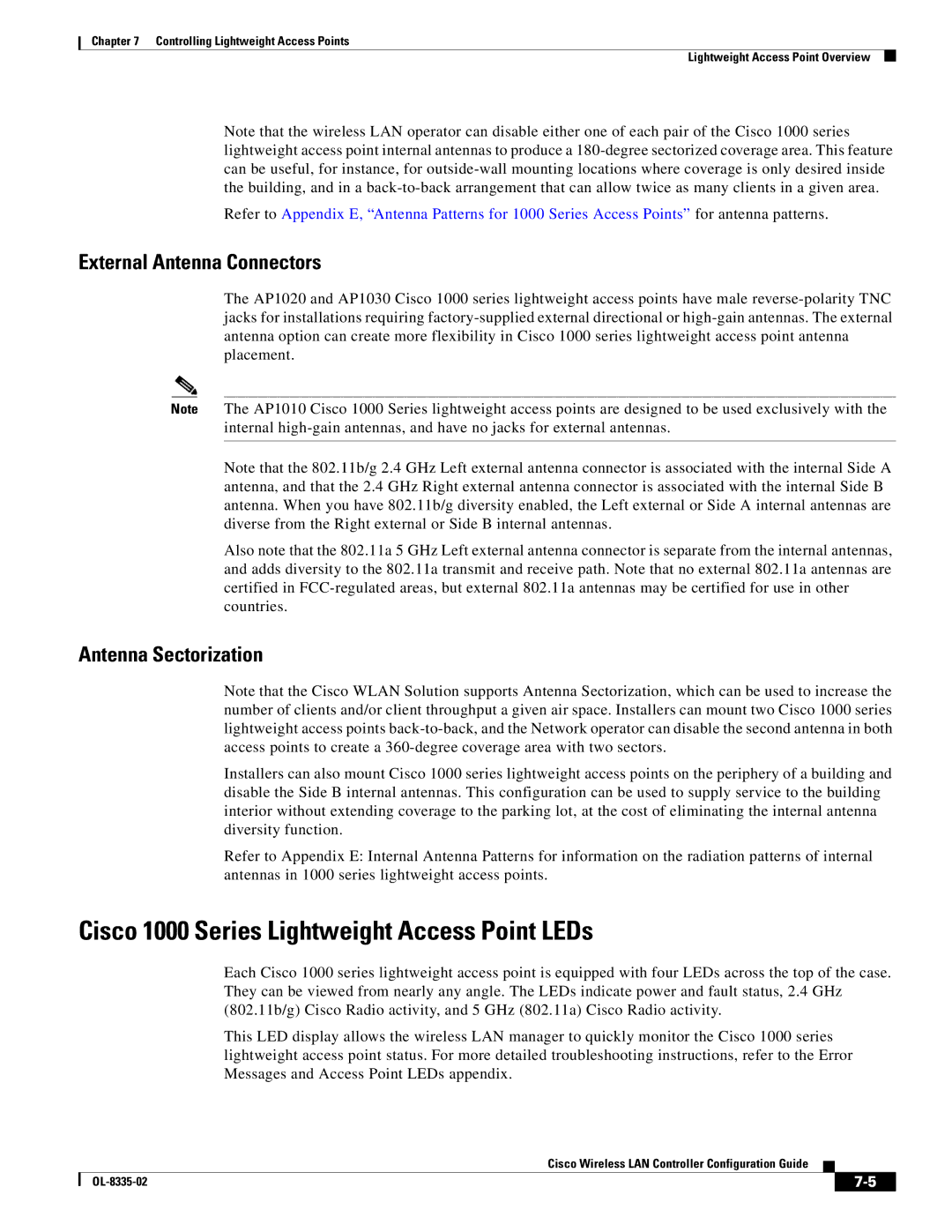 Cisco Systems 3.2 Cisco 1000 Series Lightweight Access Point LEDs, External Antenna Connectors, Antenna Sectorization 