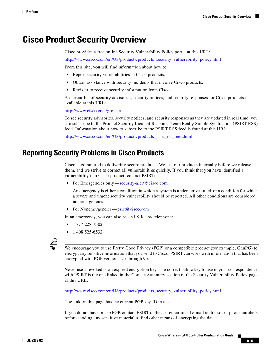 Cisco Systems 3.2 manual Cisco Product Security Overview, Reporting Security Problems in Cisco Products, Xix 