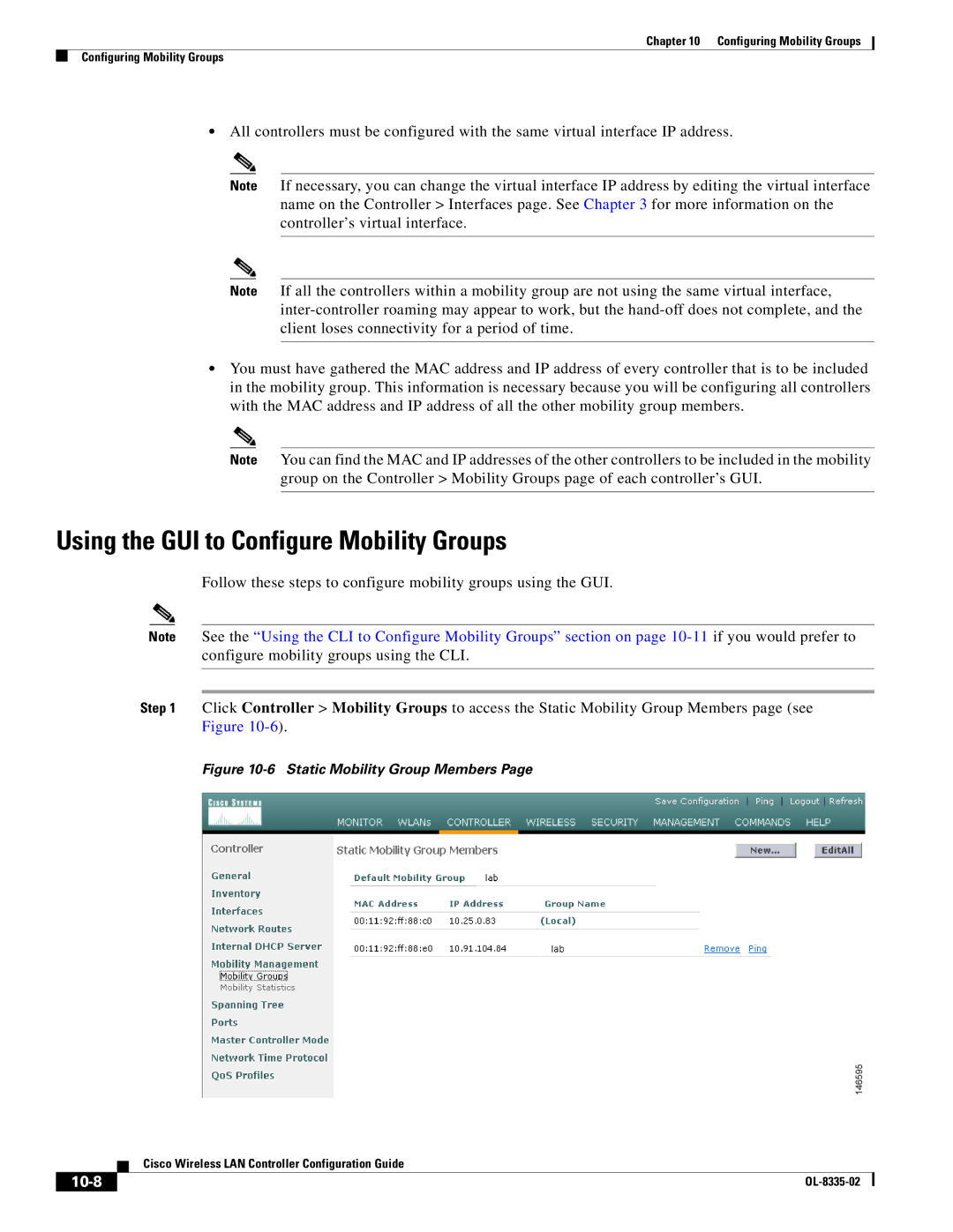 Cisco Systems 3.2 manual Using the GUI to Configure Mobility Groups, 10-8 