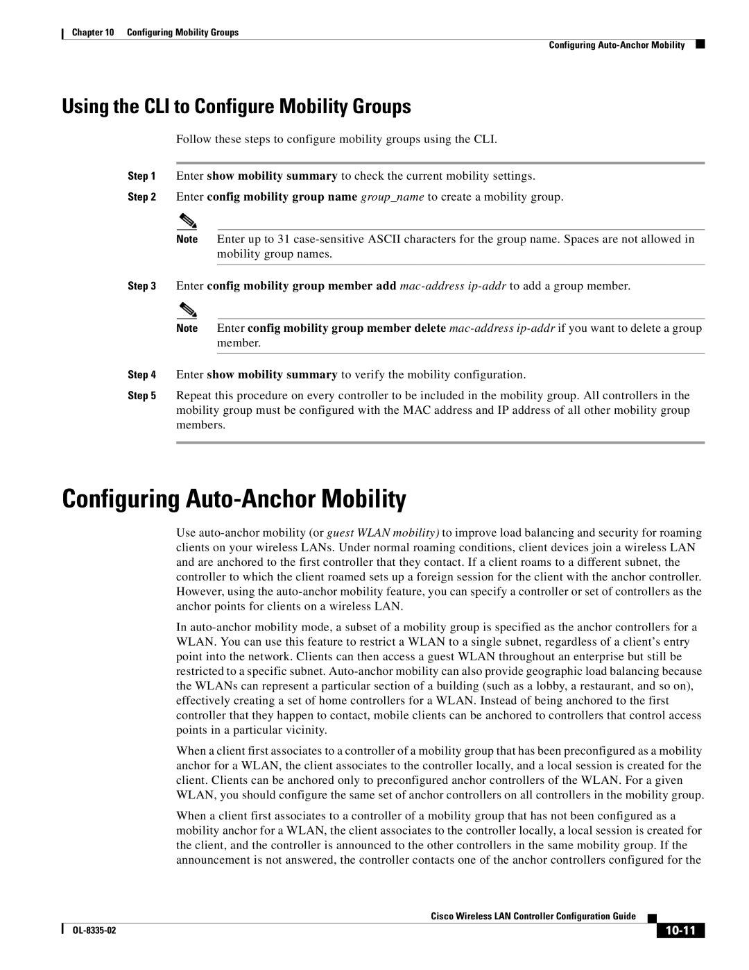 Cisco Systems 3.2 manual Configuring Auto-Anchor Mobility, Using the CLI to Configure Mobility Groups, 10-11 