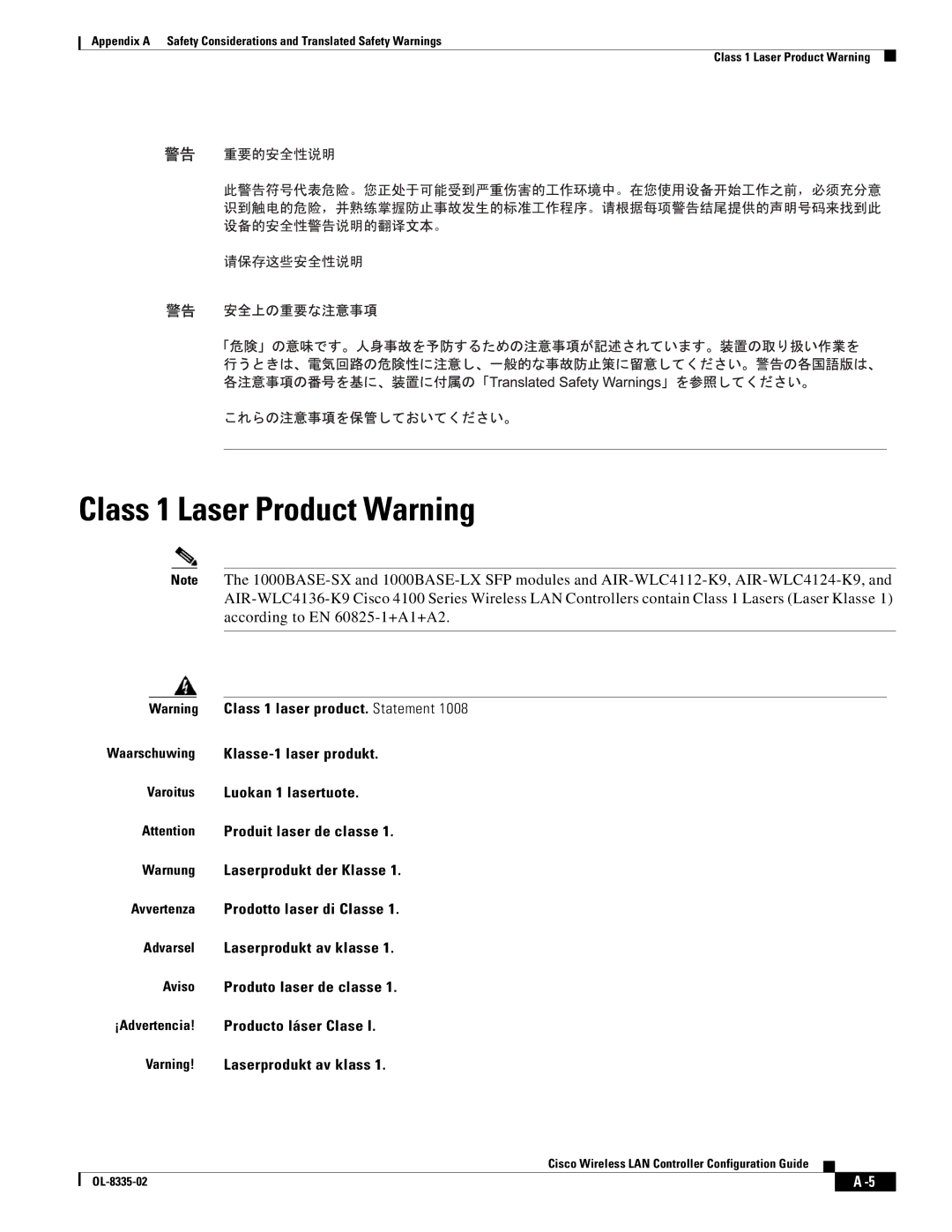 Cisco Systems 3.2 manual Class 1 Laser Product Warning 