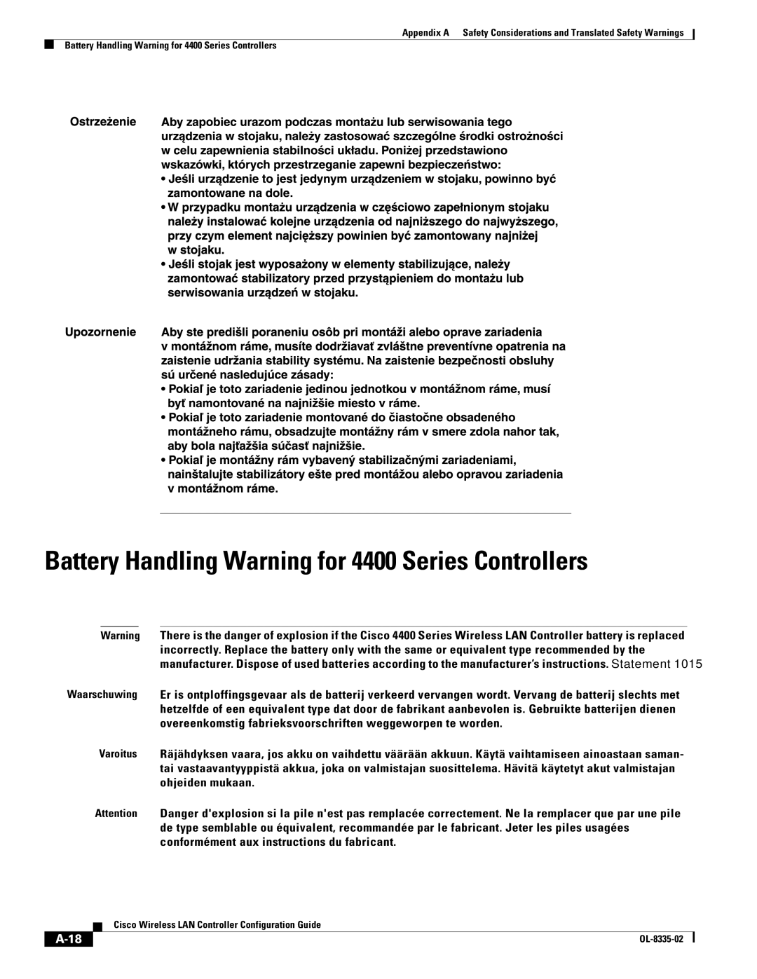 Cisco Systems 3.2 manual Battery Handling Warning for 4400 Series Controllers 