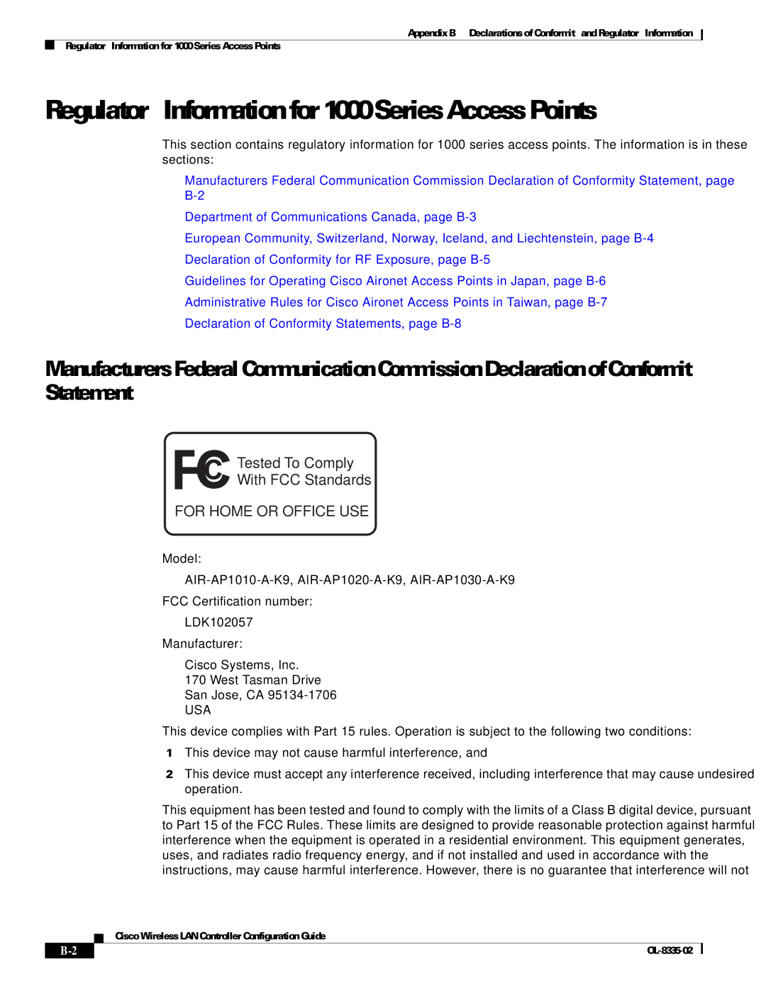 Cisco Systems 3.2 Regulatory Information for 1000 Series Access Points, Model, FCC Certification number, Manufacturer 