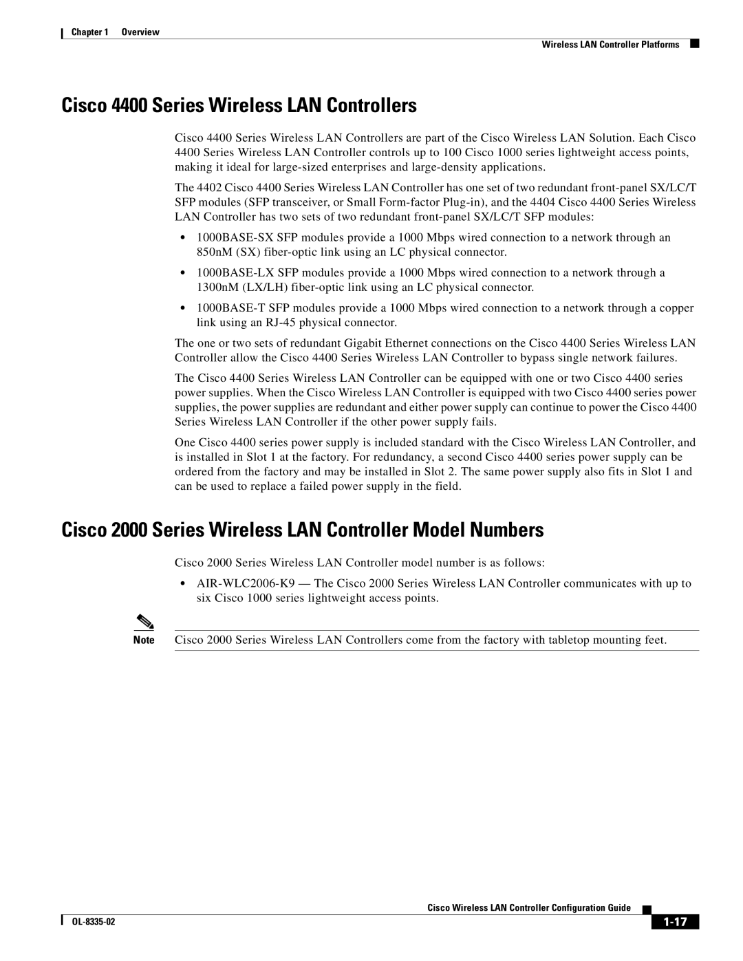 Cisco Systems 3.2 Cisco 4400 Series Wireless LAN Controllers, Cisco 2000 Series Wireless LAN Controller Model Numbers 