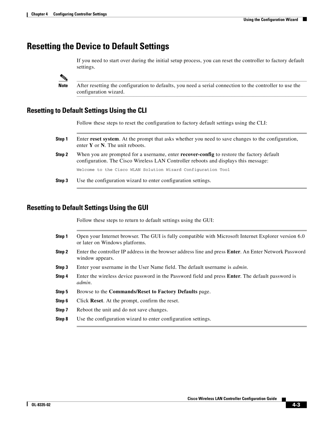 Cisco Systems 3.2 manual Resetting the Device to Default Settings, Resetting to Default Settings Using the CLI 