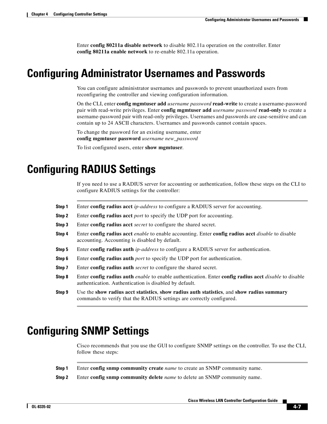 Cisco Systems 3.2 manual Configuring Administrator Usernames and Passwords, Configuring Radius Settings 