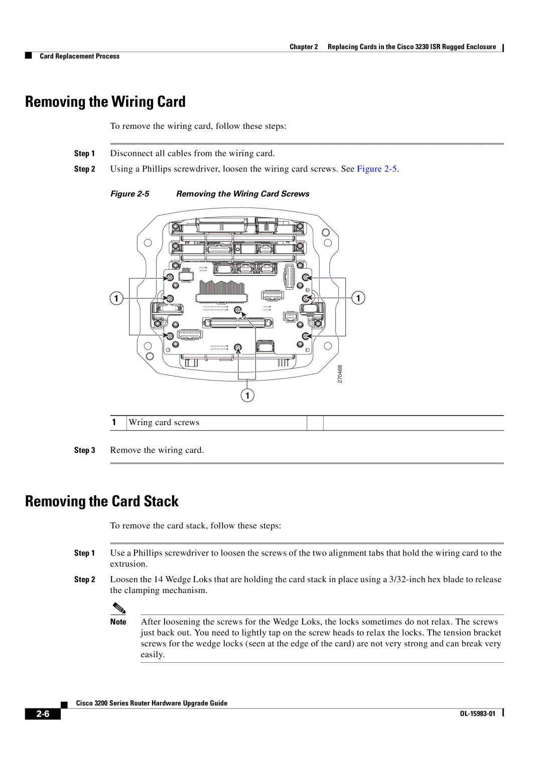 Cisco Systems 3200 Series manual Removing the Wiring Card, Removing the Card Stack 