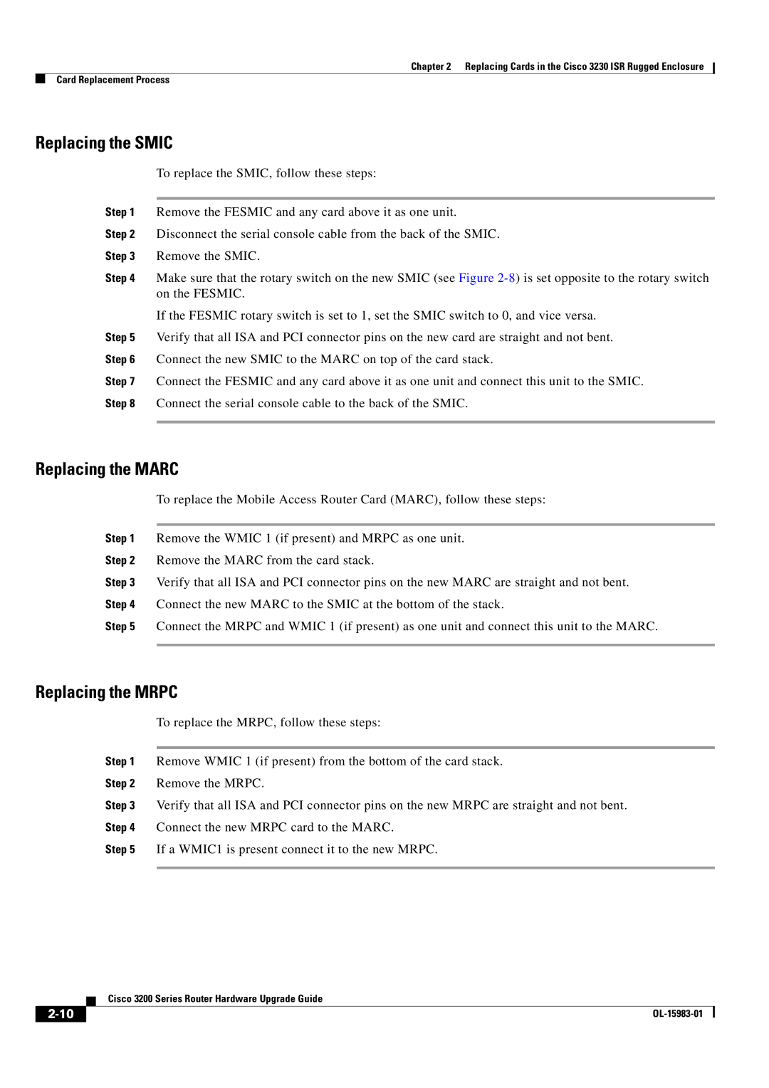 Cisco Systems 3200 Series manual Replacing the Smic, Replacing the Marc, Replacing the Mrpc 