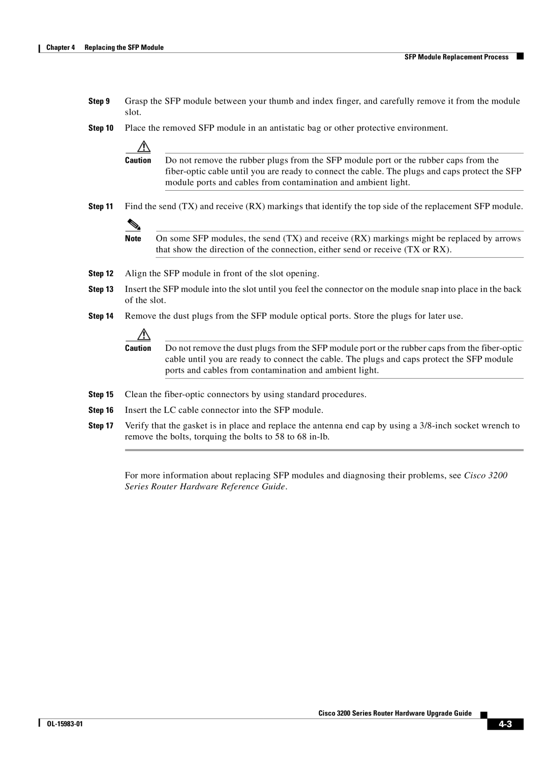 Cisco Systems 3200 Series manual Replacing the SFP Module SFP Module Replacement Process 