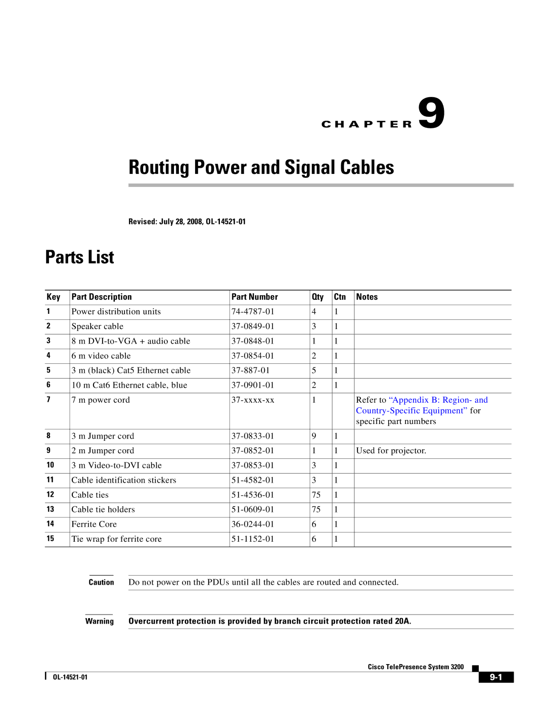 Cisco Systems 3200 manual Routing Power and Signal Cables, Specific part numbers 