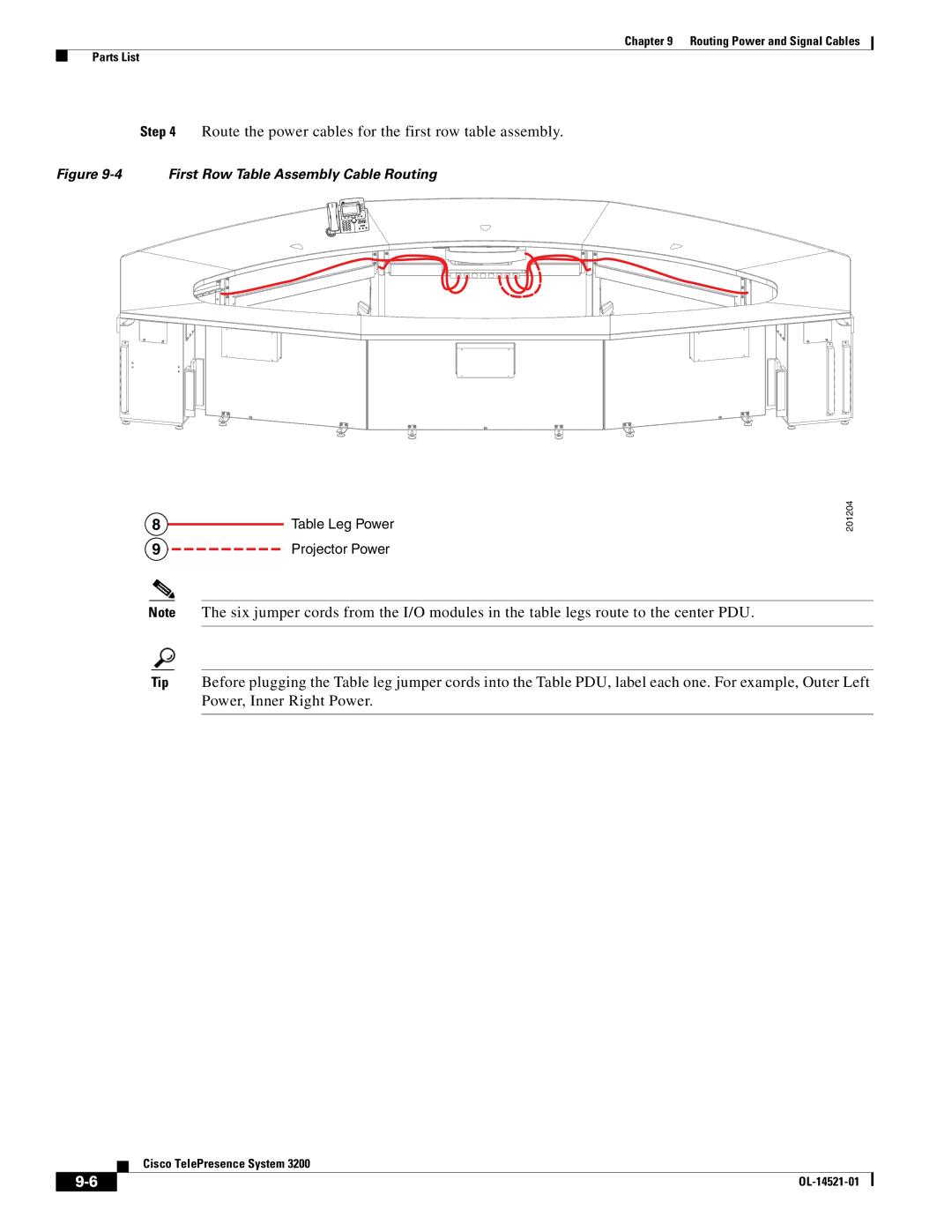 Cisco Systems 3200 manual Route the power cables for the first row table assembly, First Row Table Assembly Cable Routing 