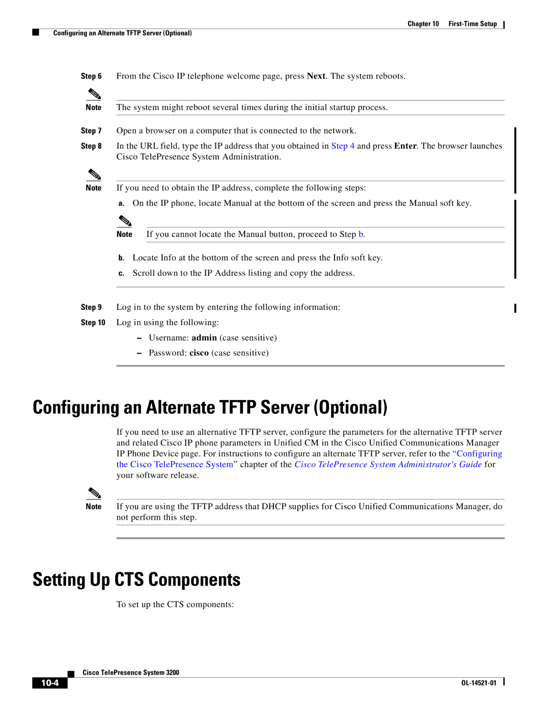 Cisco Systems 3200 Configuring an Alternate Tftp Server Optional, Setting Up CTS Components, To set up the CTS components 