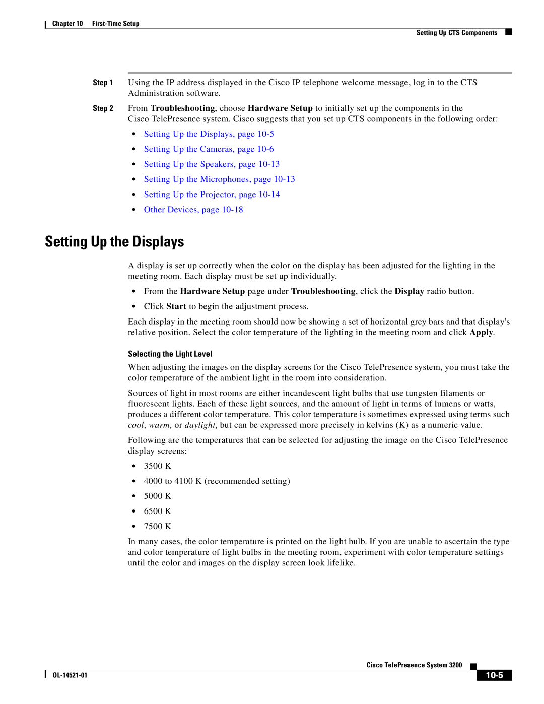 Cisco Systems 3200 manual Setting Up the Displays, Selecting the Light Level, 10-5 