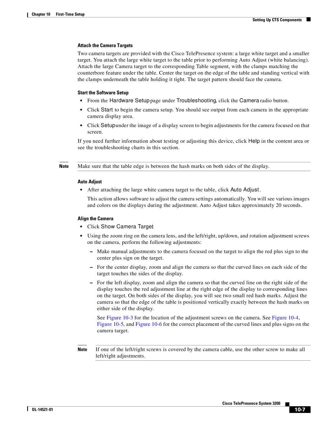 Cisco Systems 3200 manual Attach the Camera Targets, Start the Software Setup, Auto Adjust, Align the Camera, 10-7 