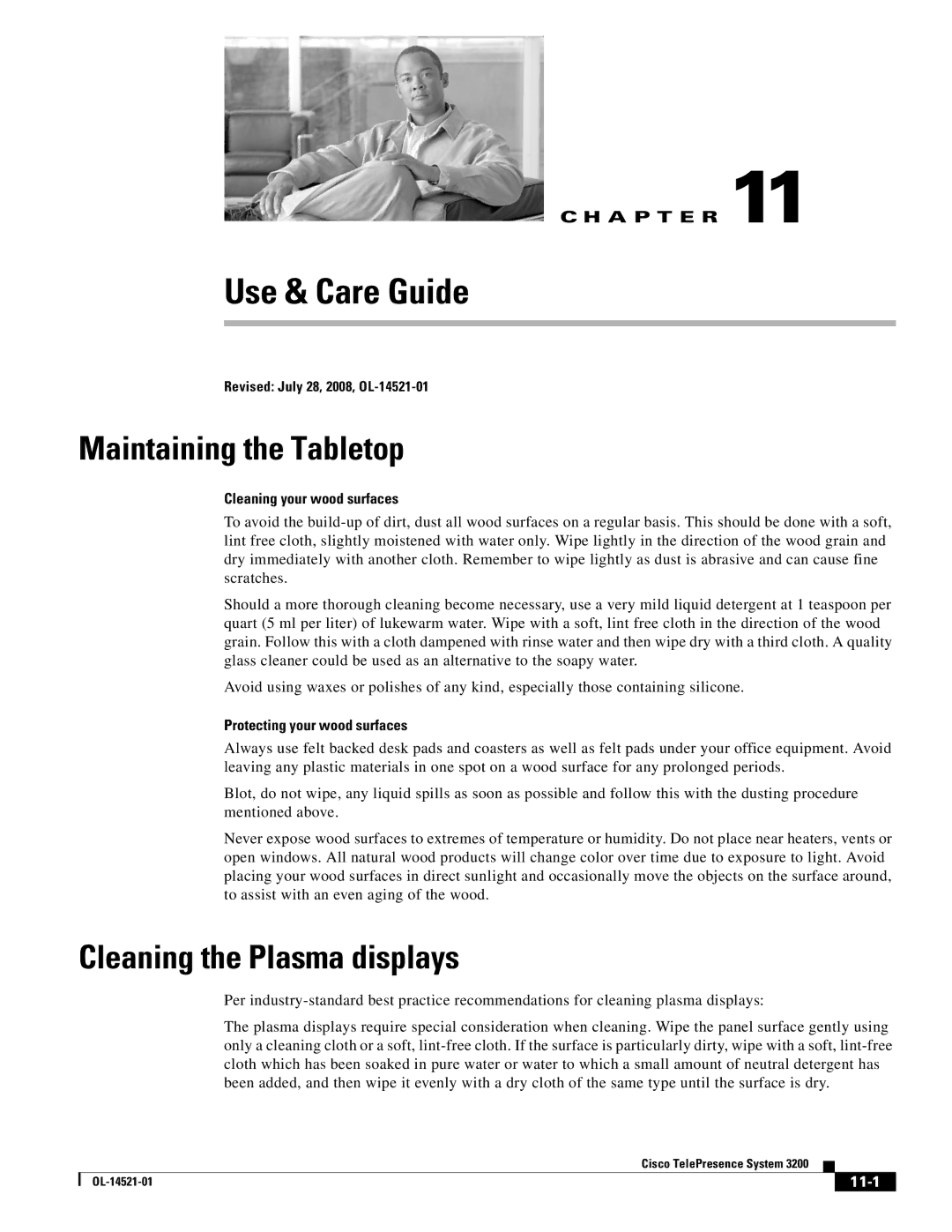 Cisco Systems 3200 manual Use & Care Guide, Maintaining the Tabletop, Cleaning the Plasma displays, 11-1 