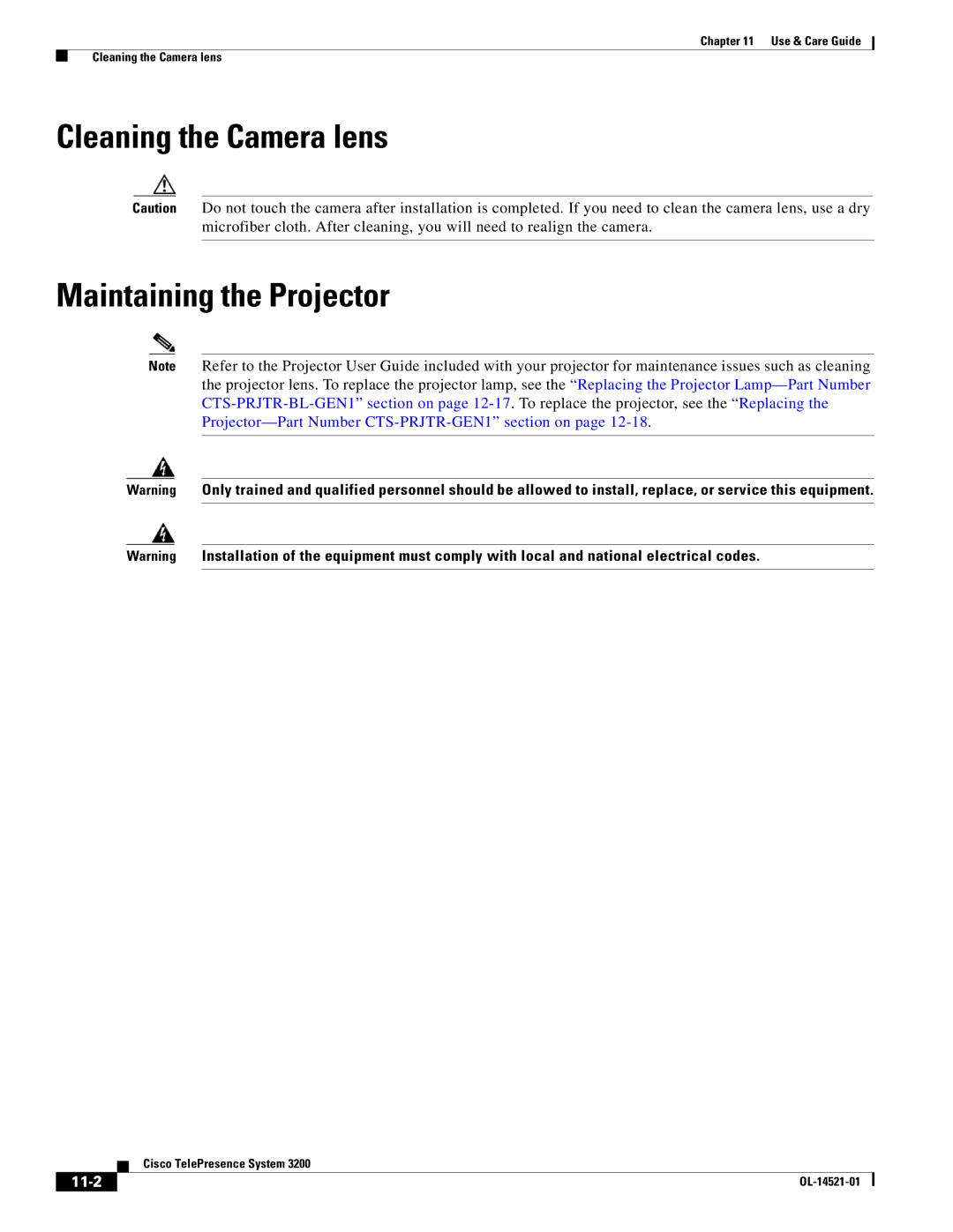 Cisco Systems 3200 manual Cleaning the Camera lens Maintaining the Projector, 11-2 