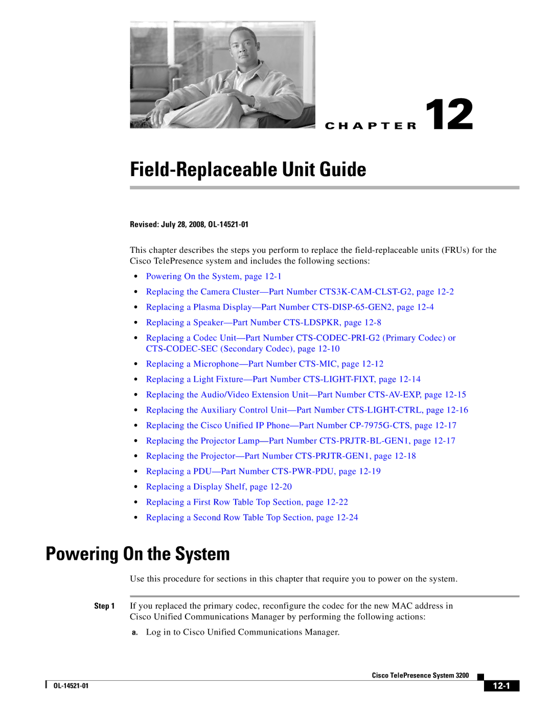 Cisco Systems 3200 manual Field-Replaceable Unit Guide, Powering On the System, 12-1 