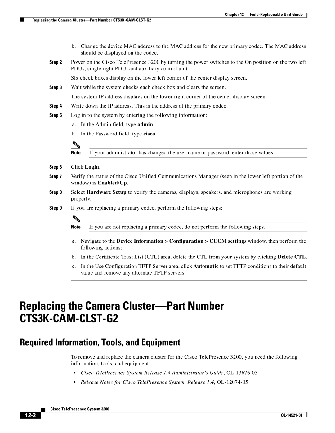 Cisco Systems 3200 manual Replacing the Camera Cluster-Part Number, Required Information, Tools, and Equipment, 12-2 