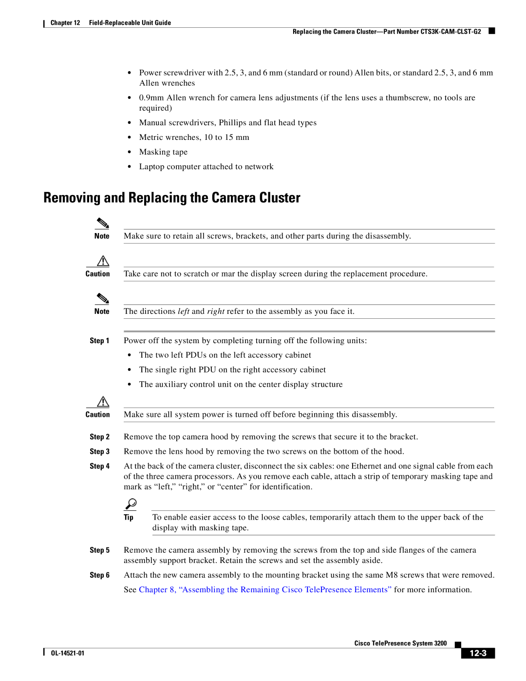 Cisco Systems 3200 manual Removing and Replacing the Camera Cluster, 12-3 