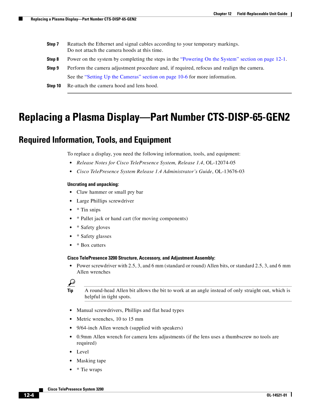 Cisco Systems 3200 manual Re-attach the camera hood and lens hood, 12-4 