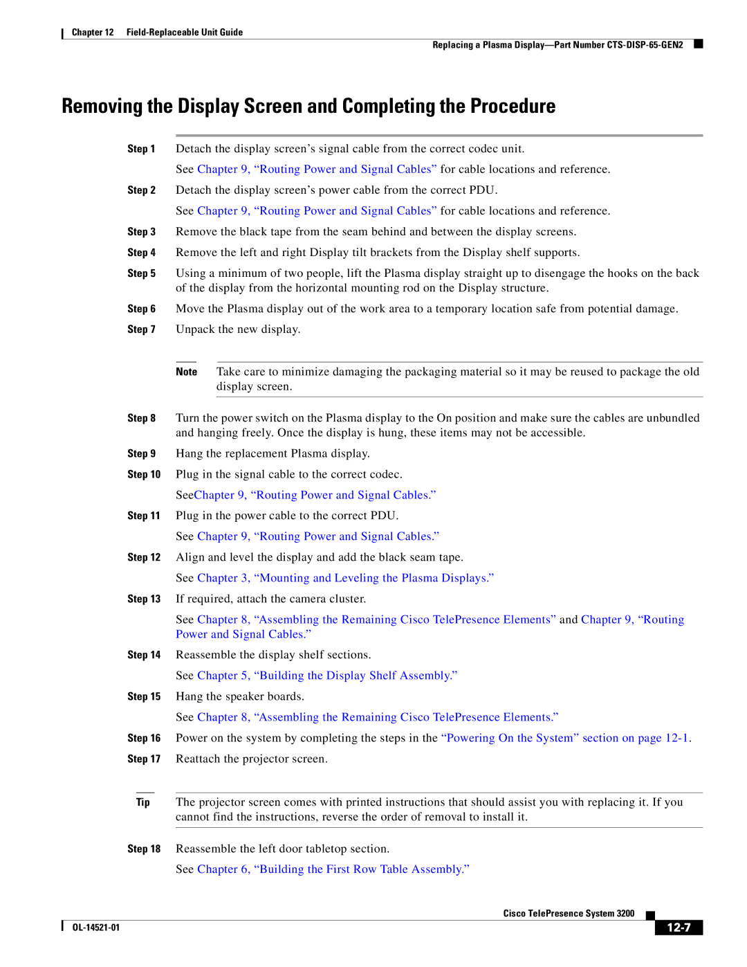 Cisco Systems 3200 manual Removing the Display Screen and Completing the Procedure, 12-7 