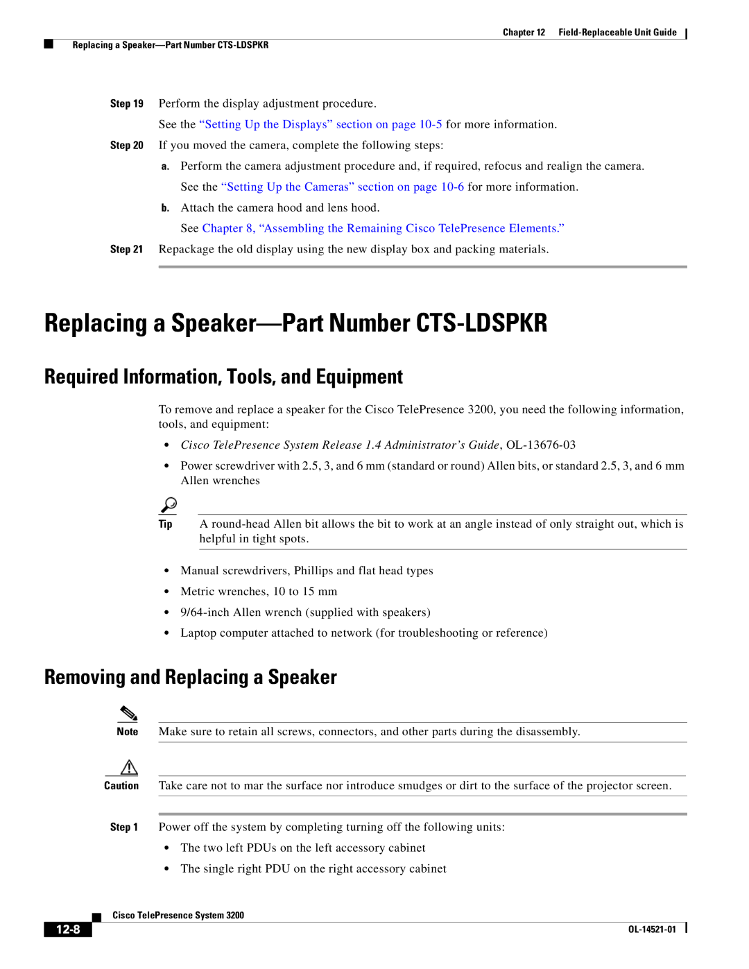 Cisco Systems 3200 manual Replacing a Speaker-Part Number CTS-LDSPKR, Removing and Replacing a Speaker, 12-8 