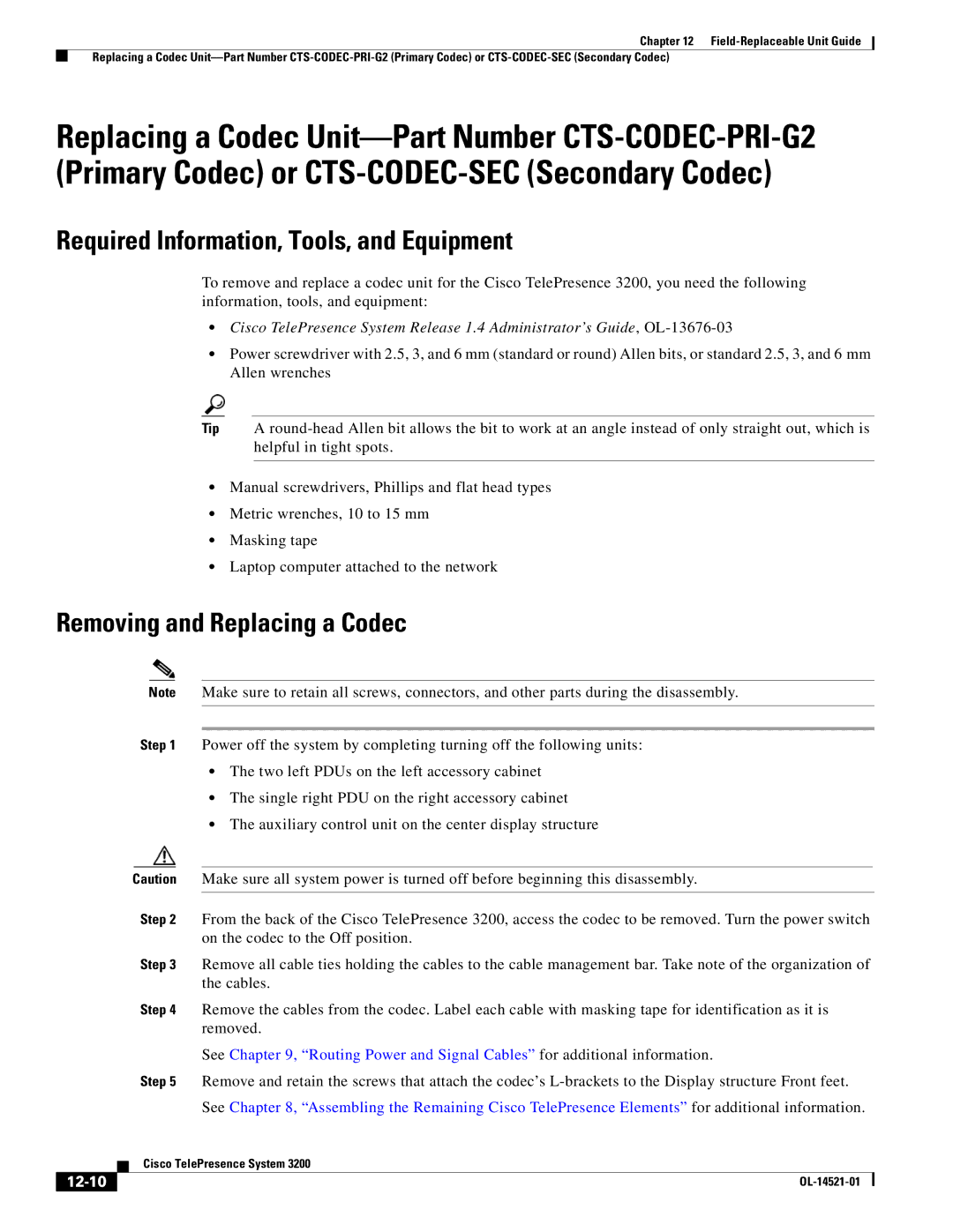 Cisco Systems 3200 manual Removing and Replacing a Codec, 12-10 