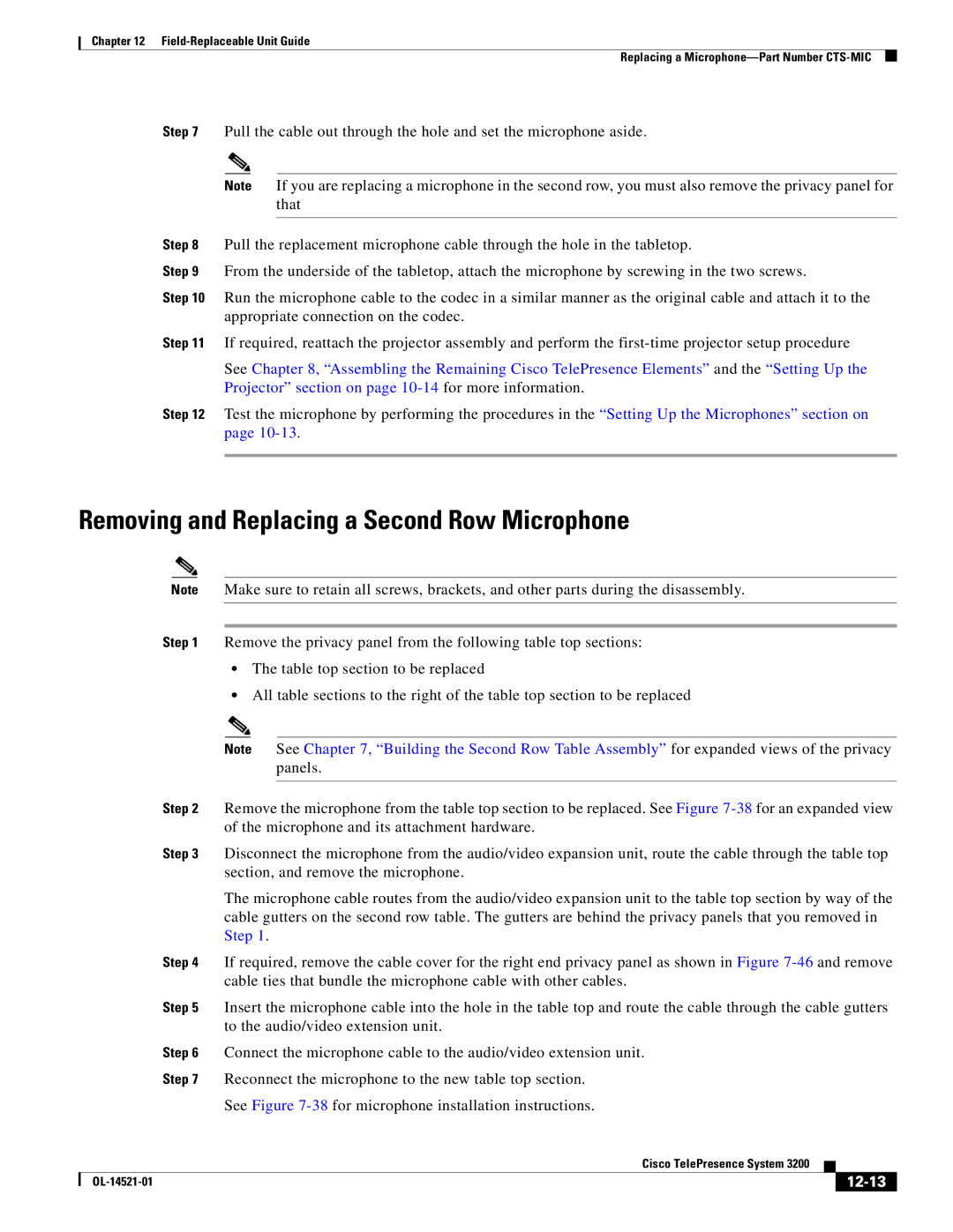 Cisco Systems 3200 manual Removing and Replacing a Second Row Microphone, 12-13 