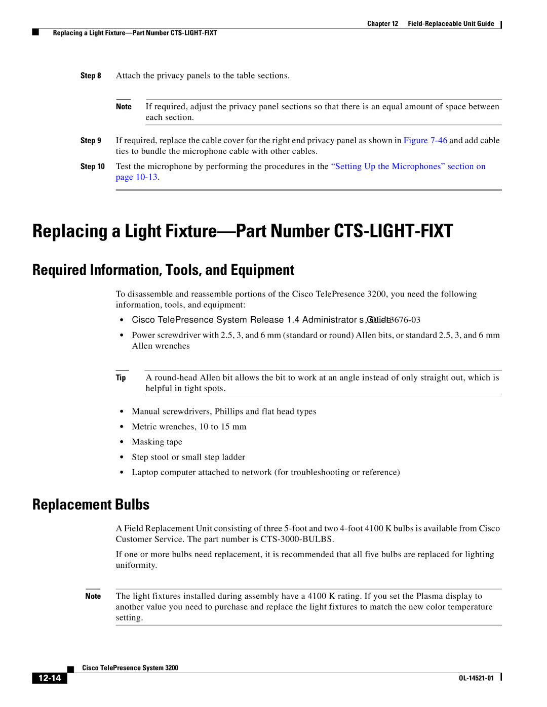 Cisco Systems 3200 manual Replacing a Light Fixture-Part Number CTS-LIGHT-FIXT, Replacement Bulbs, 12-14 