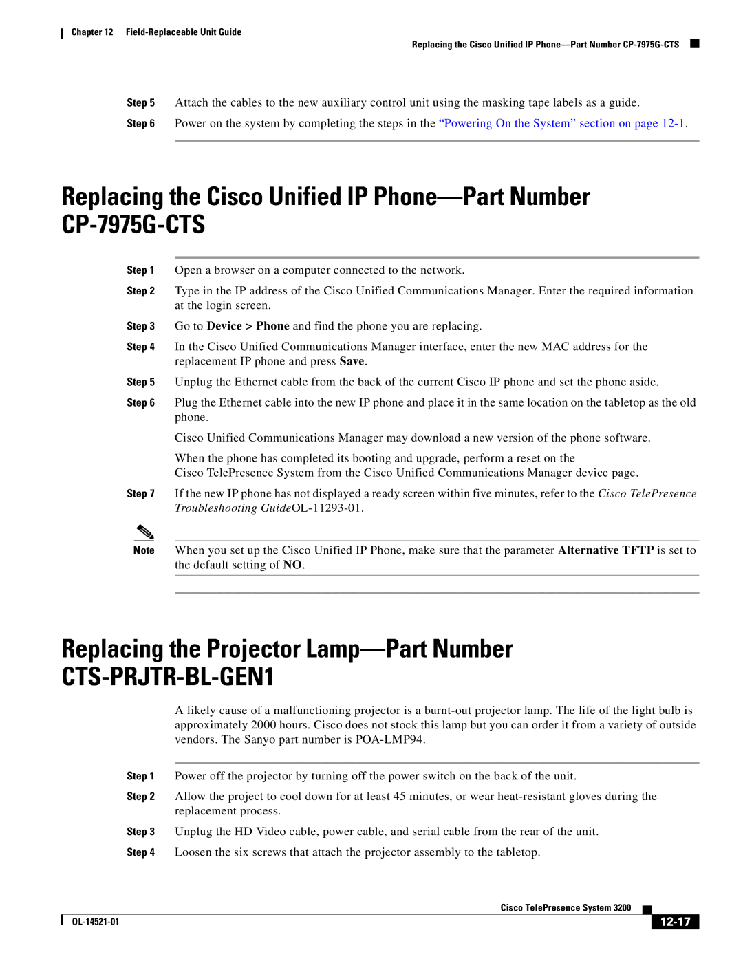 Cisco Systems 3200 manual Replacing the Projector Lamp-Part Number, Replacement process, 12-17 