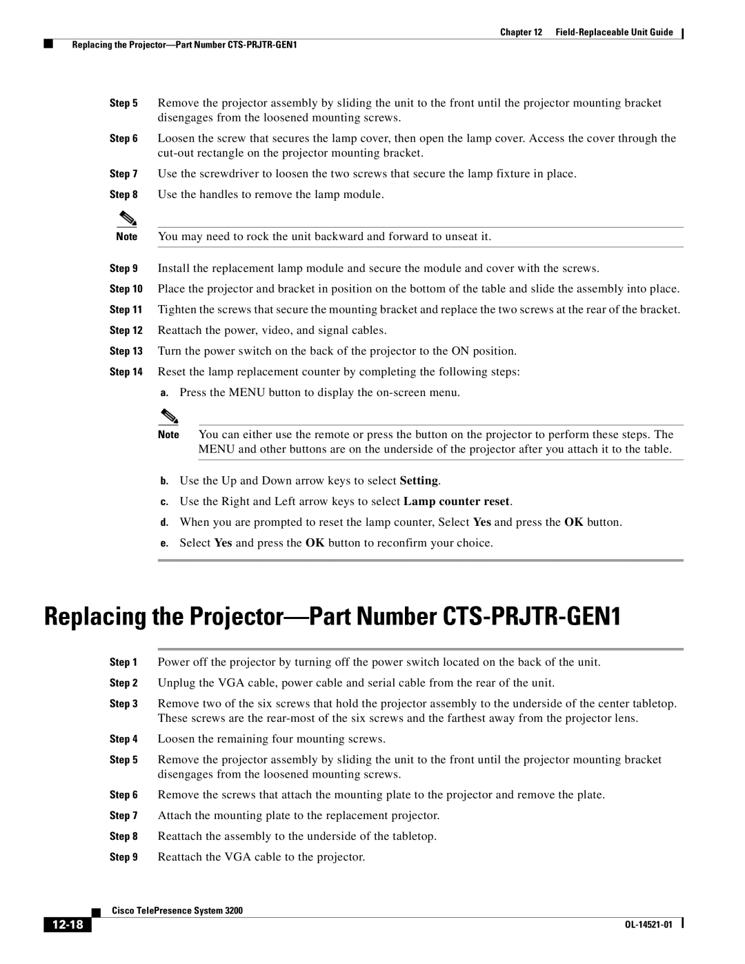 Cisco Systems 3200 manual Replacing the Projector-Part Number CTS-PRJTR-GEN1, 12-18 