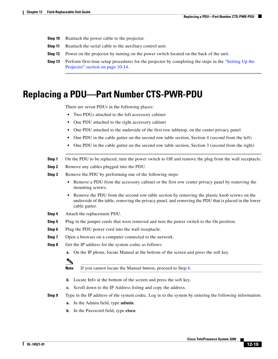 Cisco Systems 3200 manual Replacing a PDU-Part Number CTS-PWR-PDU, 12-19 