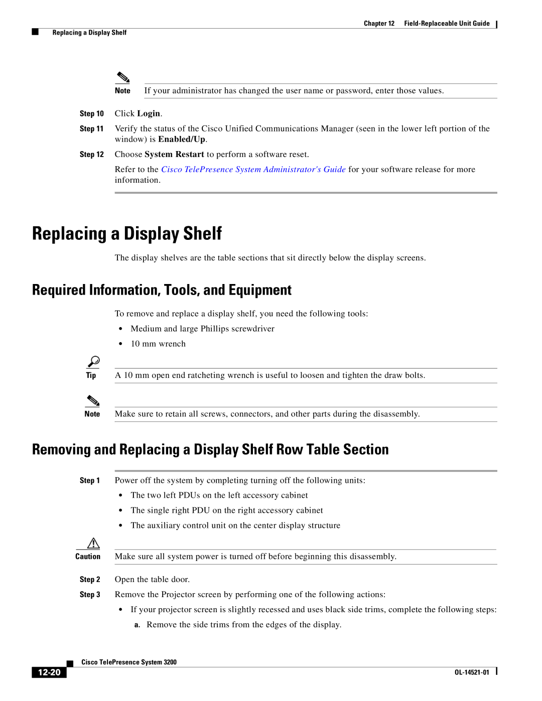 Cisco Systems 3200 manual Removing and Replacing a Display Shelf Row Table Section, 12-20 