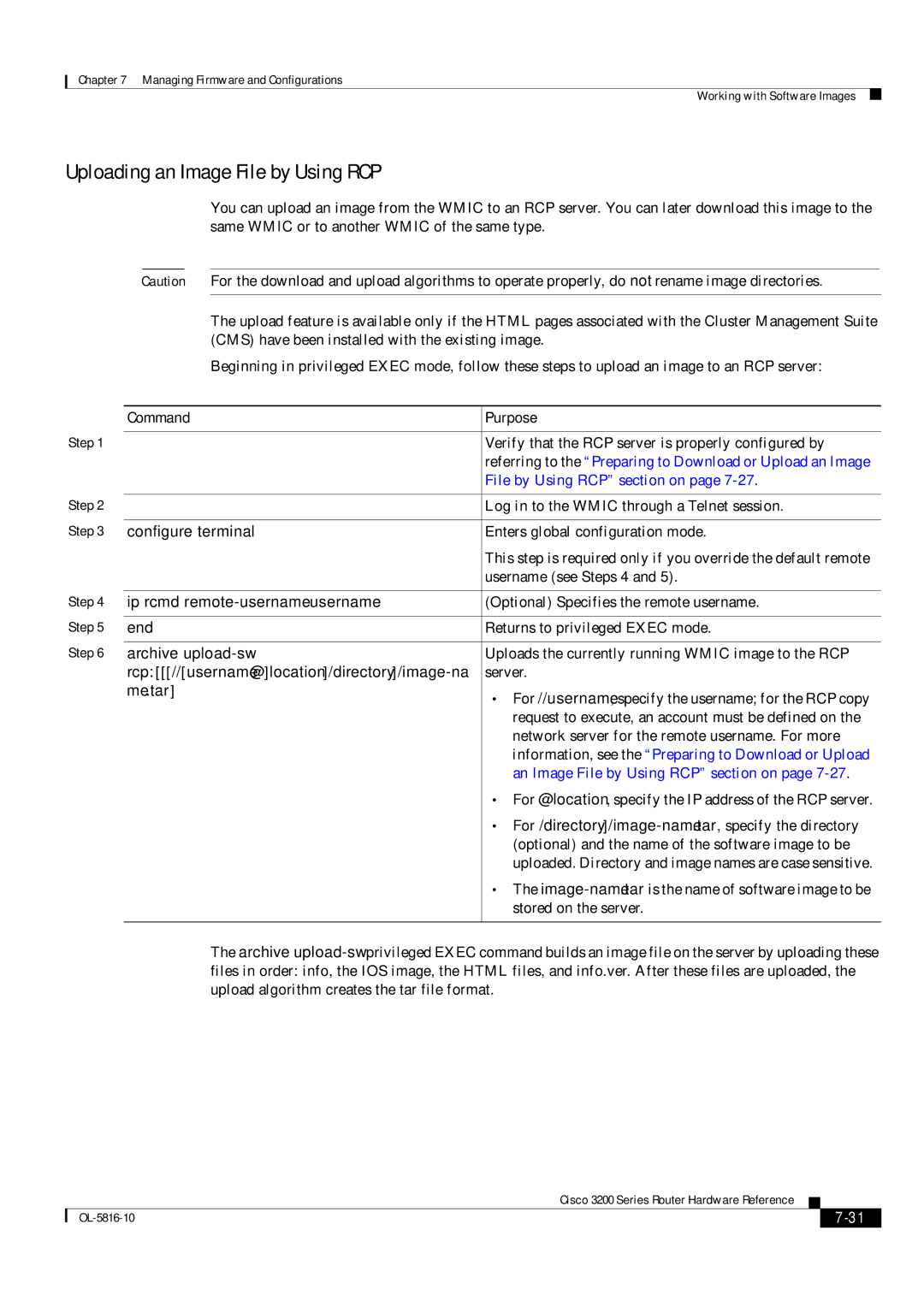 Cisco Systems 3200 manual Uploading an Image File by Using RCP, Archive upload-sw 