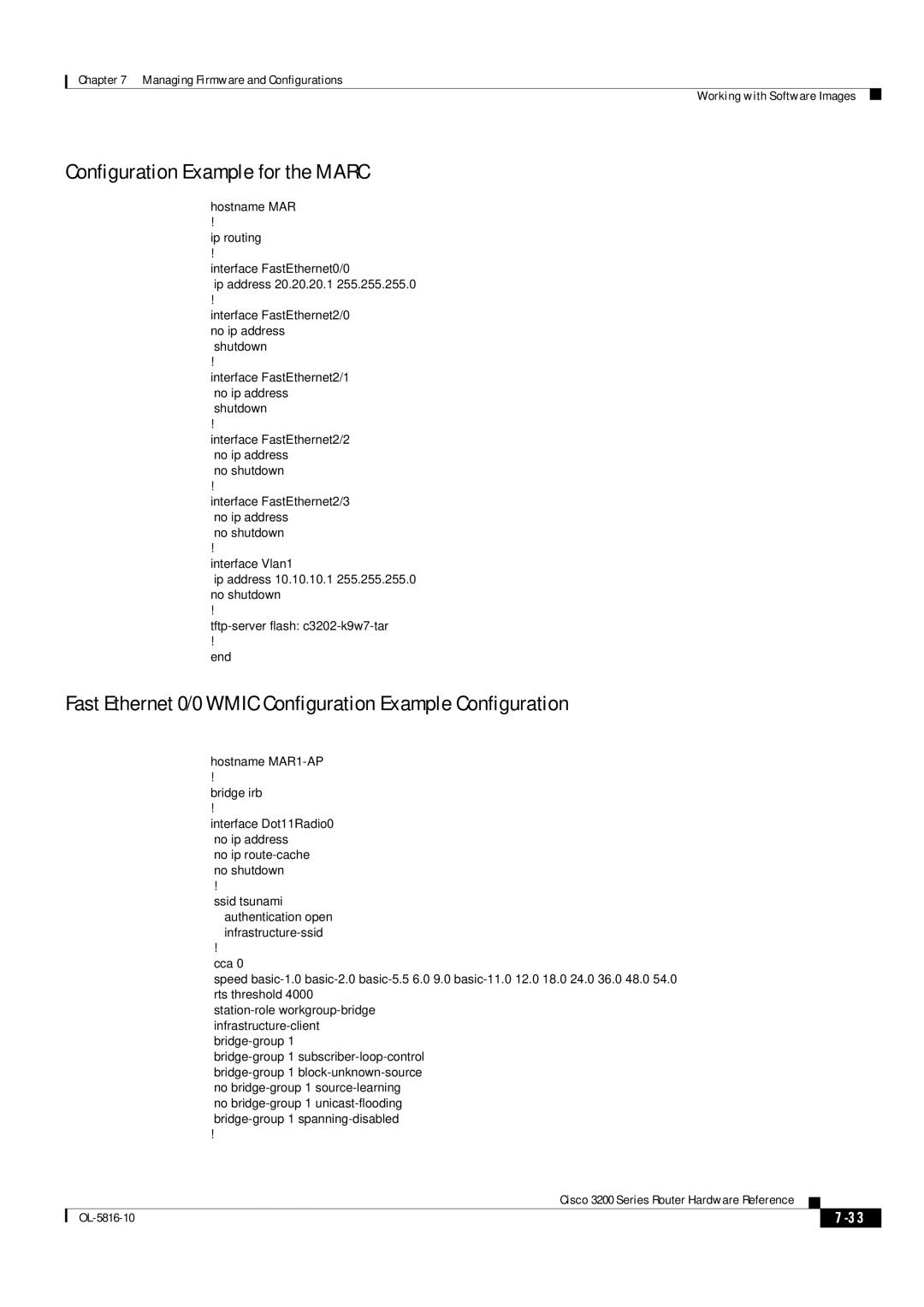 Cisco Systems 3200 manual Configuration Example for the Marc, Fast Ethernet 0/0 Wmic Configuration Example Configuration 