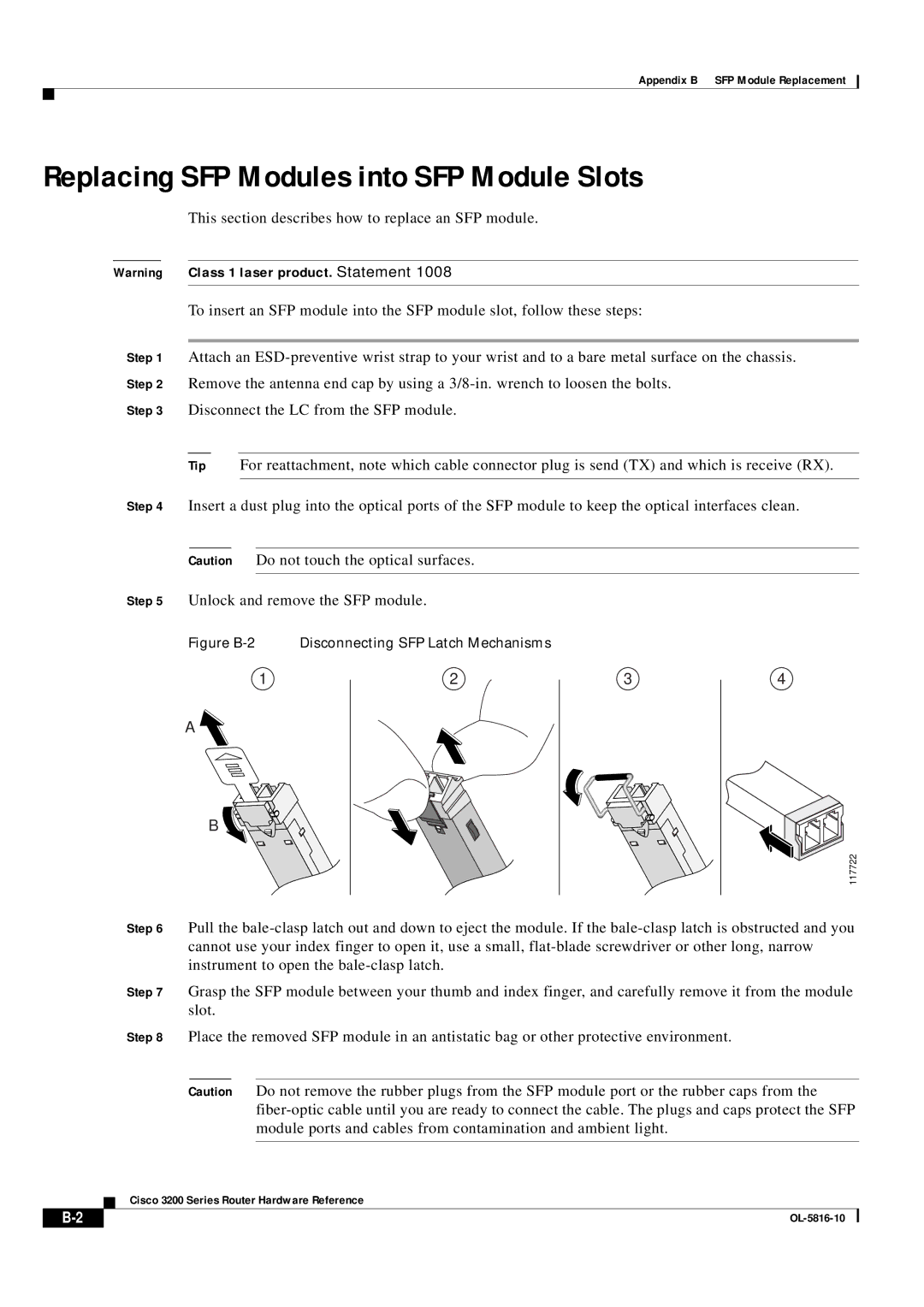 Cisco Systems 3200 manual Replacing SFP Modules into SFP Module Slots, Figure B-2 Disconnecting SFP Latch Mechanisms 