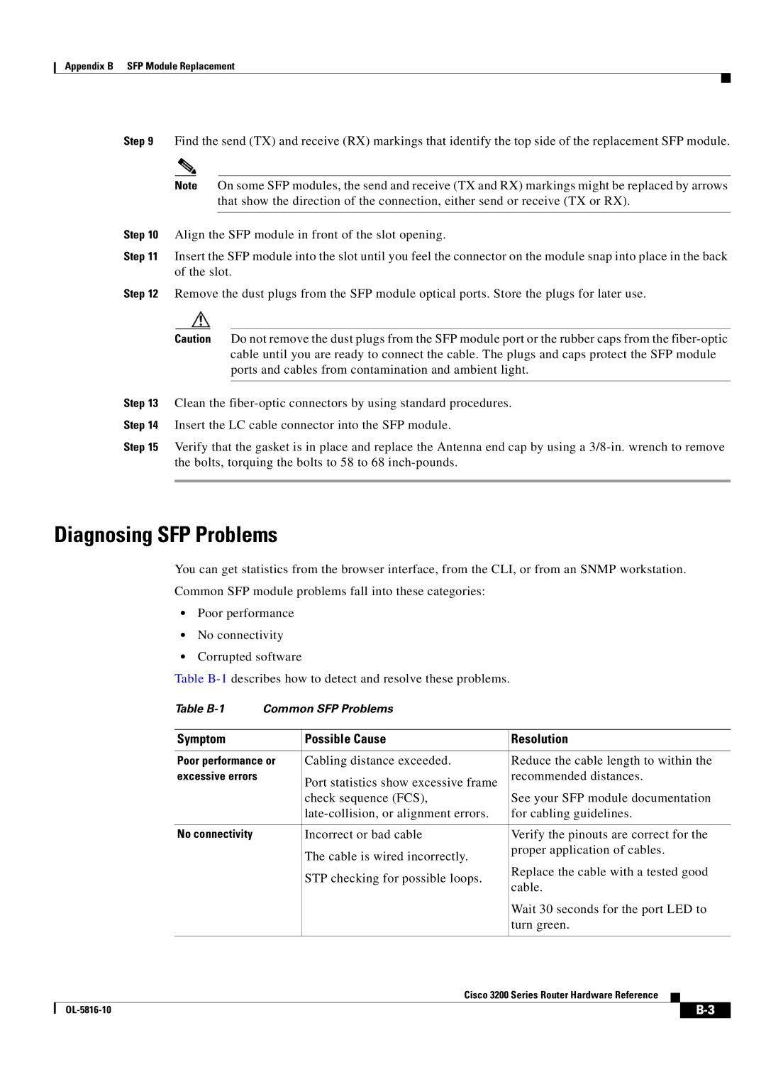 Cisco Systems 3200 manual Diagnosing SFP Problems, Symptom Possible Cause Resolution 