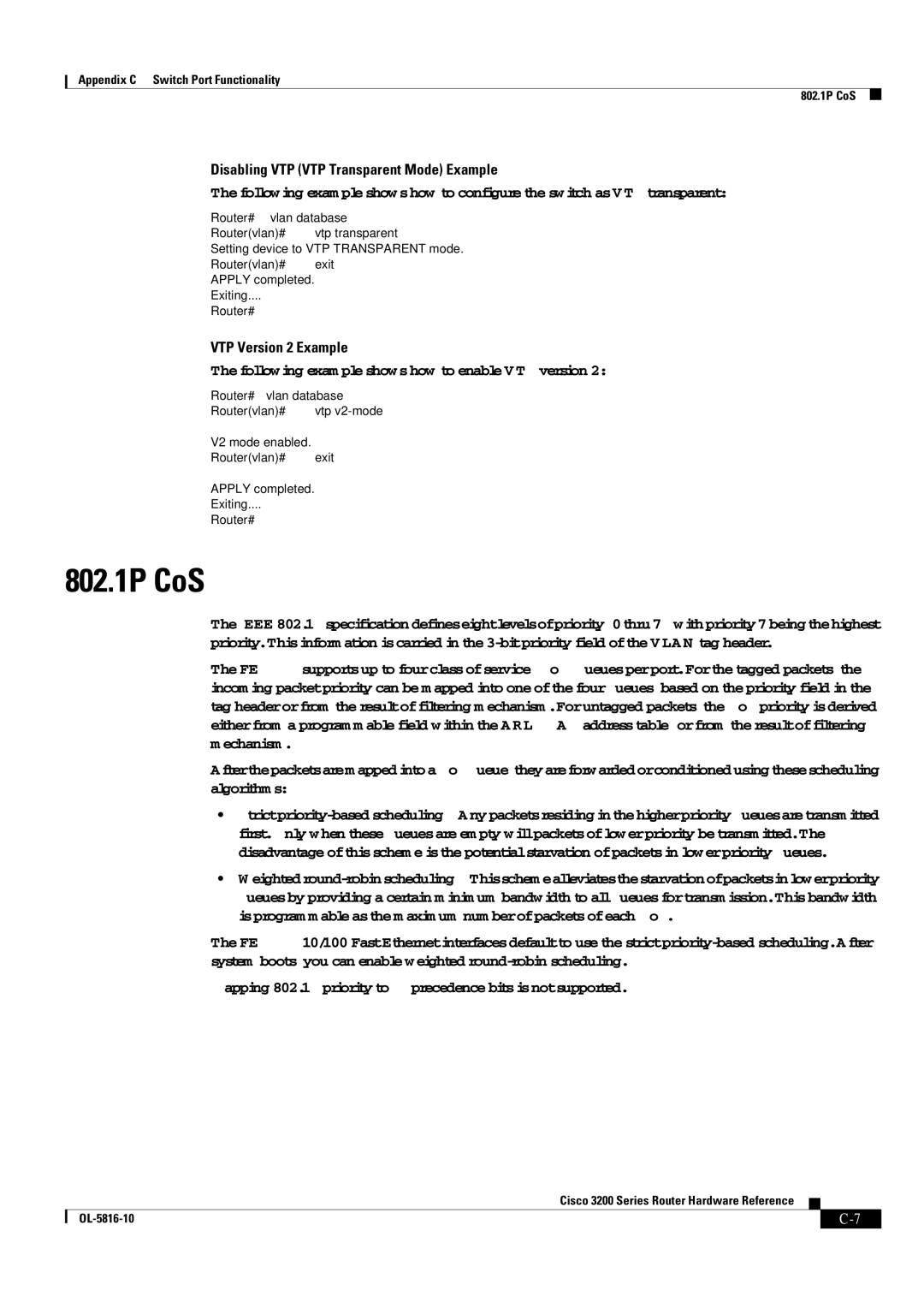 Cisco Systems 3200 manual 802.1P CoS, Disabling VTP VTP Transparent Mode Example, VTP Version 2 Example 