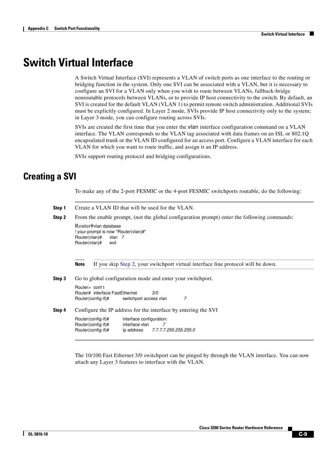 Cisco Systems 3200 manual Switch Virtual Interface, Creating a SVI 