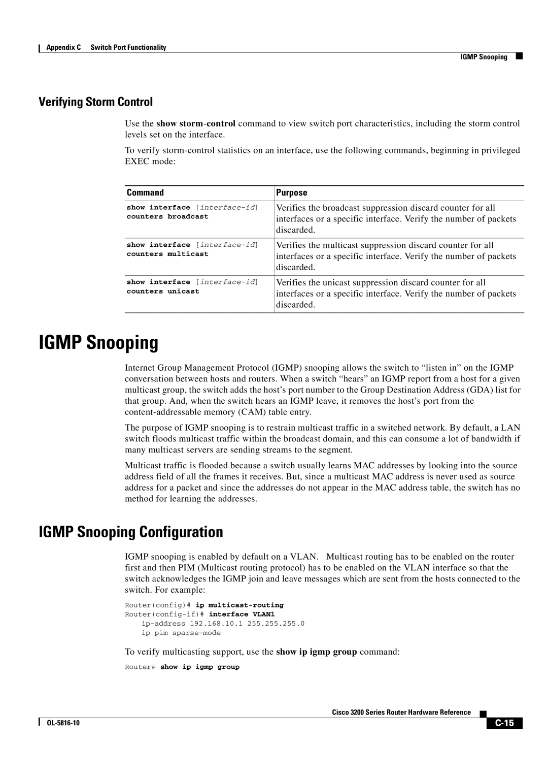 Cisco Systems 3200 manual Igmp Snooping Configuration, Verifying Storm Control 