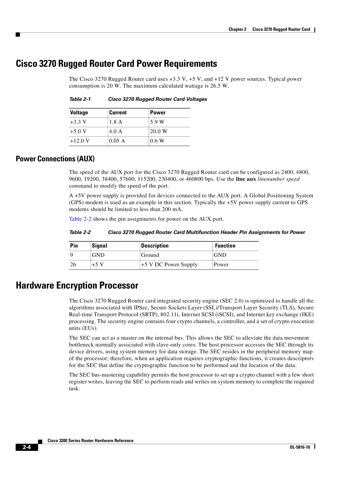 Cisco Systems 3200 Cisco 3270 Rugged Router Card Power Requirements, Hardware Encryption Processor, Power Connections AUX 