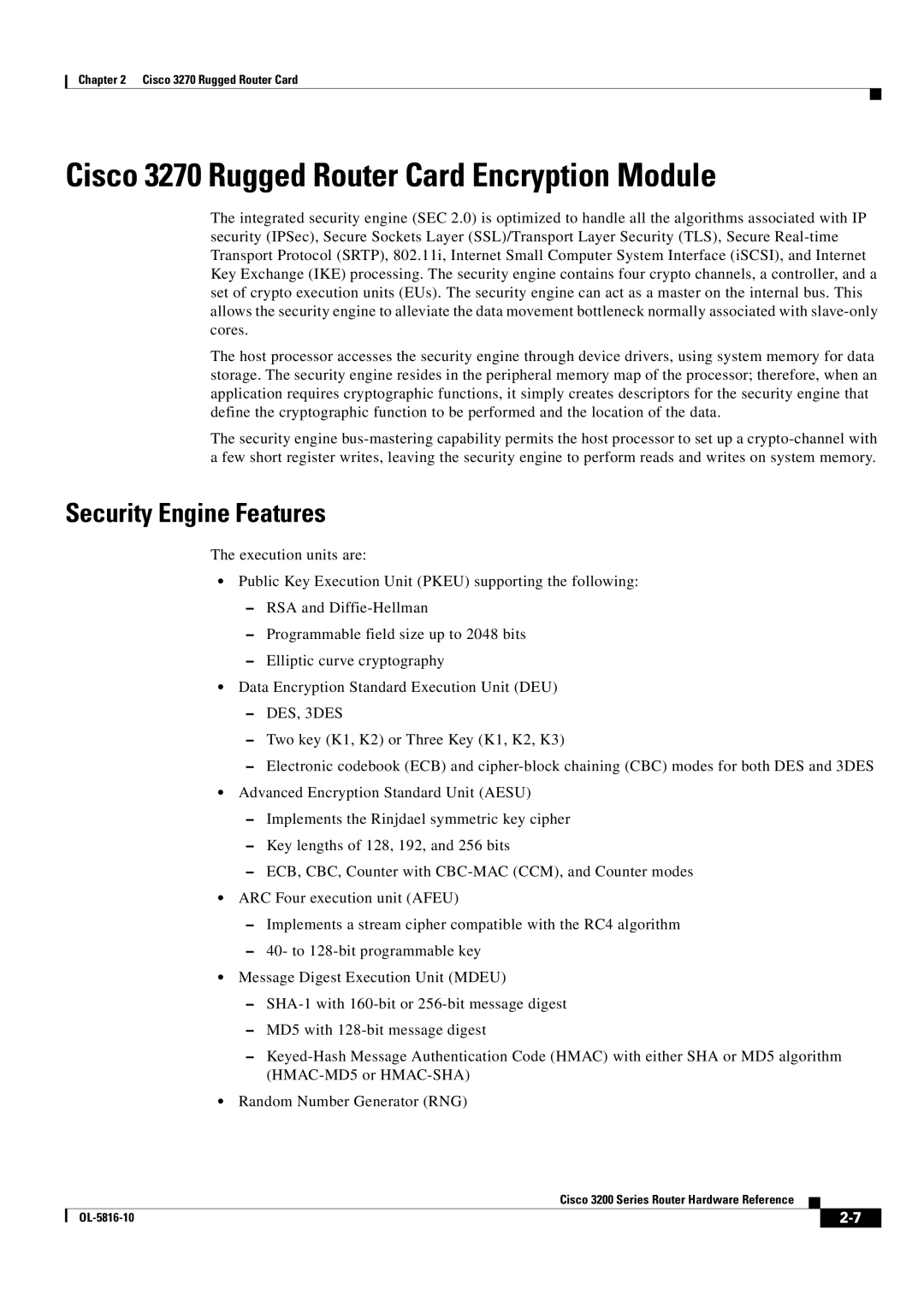 Cisco Systems 3200 manual Cisco 3270 Rugged Router Card Encryption Module, Security Engine Features 