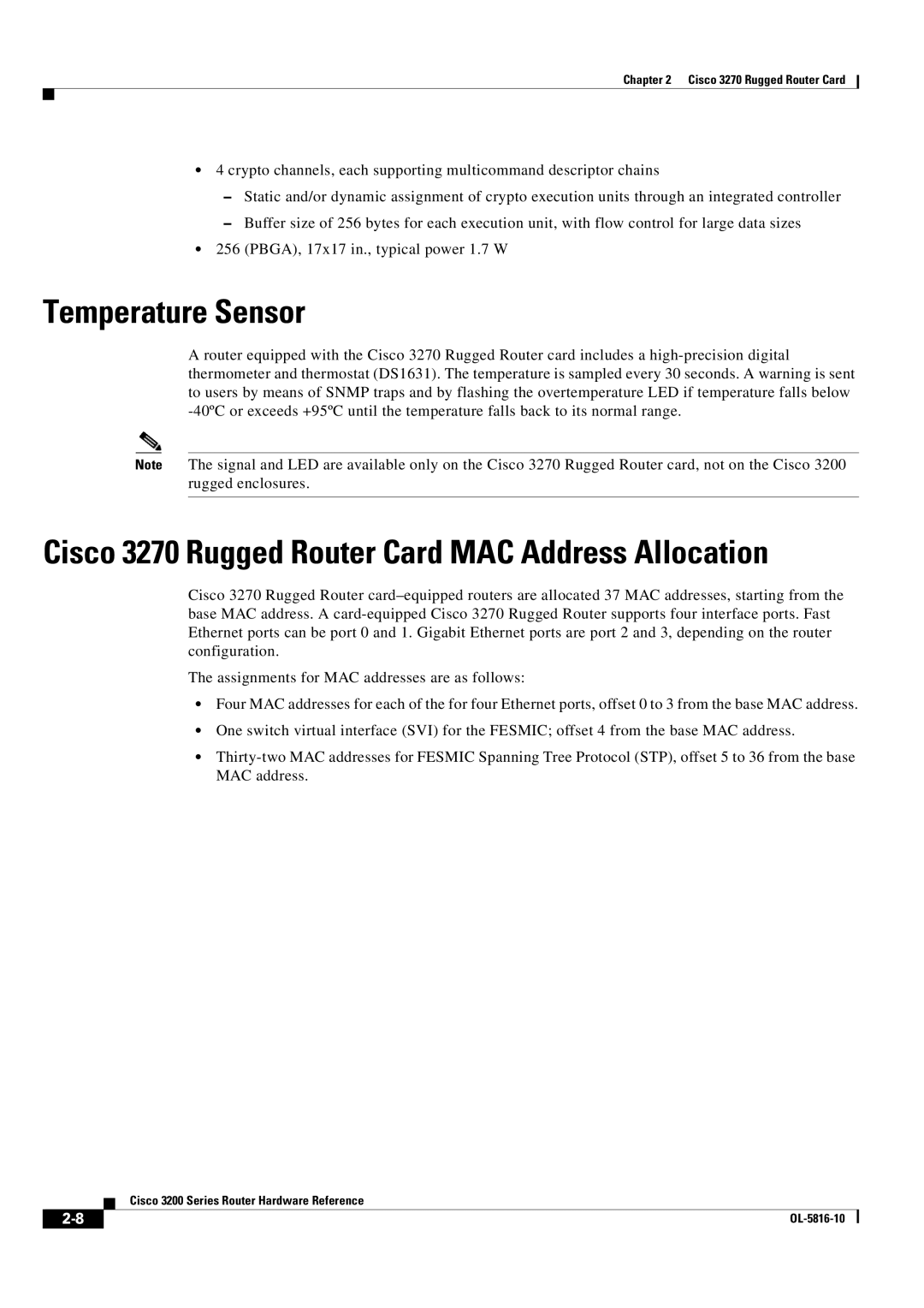 Cisco Systems 3200 manual Temperature Sensor, Cisco 3270 Rugged Router Card MAC Address Allocation 